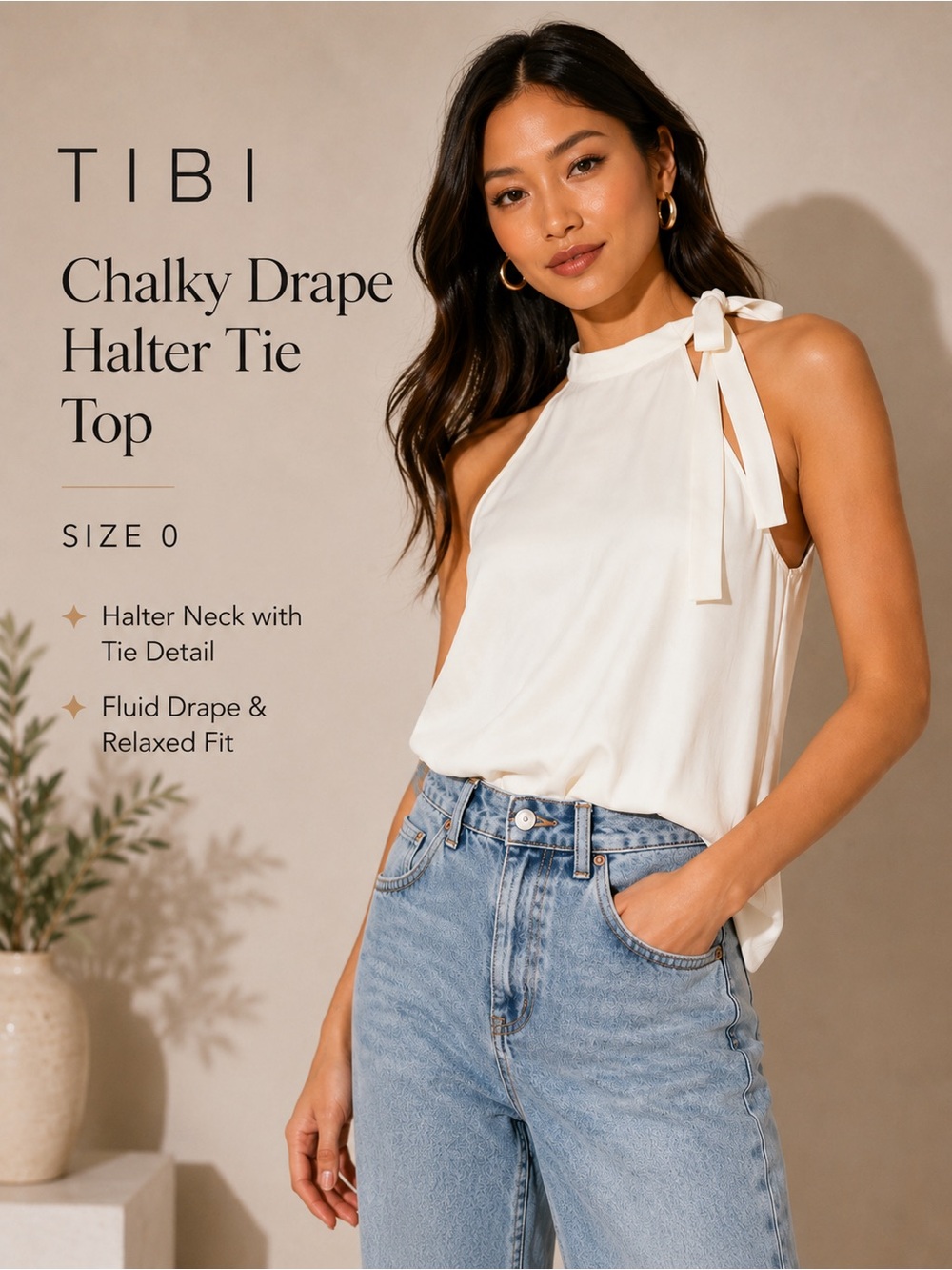 Tibi Chalky Drape Ivory Halter Tie Neck Top Size 0